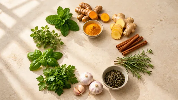 Ten culinary herbs and spices arranged on a warm stone surface