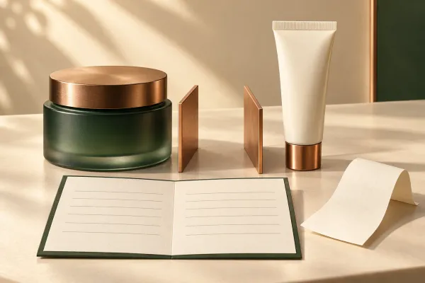 A fictional cream jar and tube beside an open comparison record and a blank receipt.