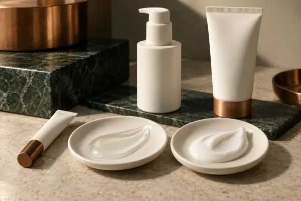 Translucent gel and opaque cream swatches beside a simple fictional skincare routine.