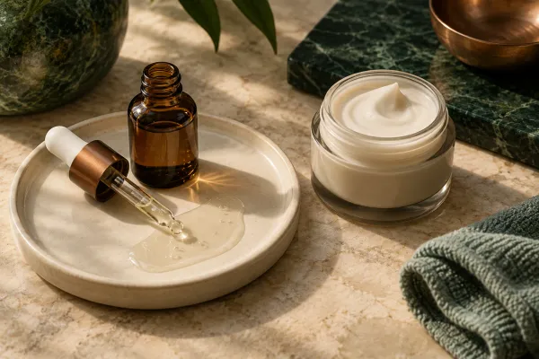 An unbranded serum and cream show two cosmetic textures beside a folded cloth.