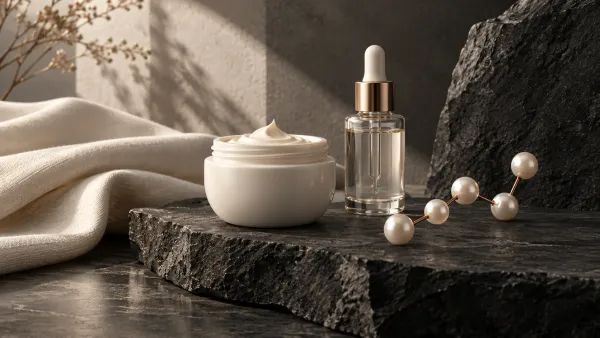 Unbranded skincare vessels beside an abstract five-node peptide sculpture.
