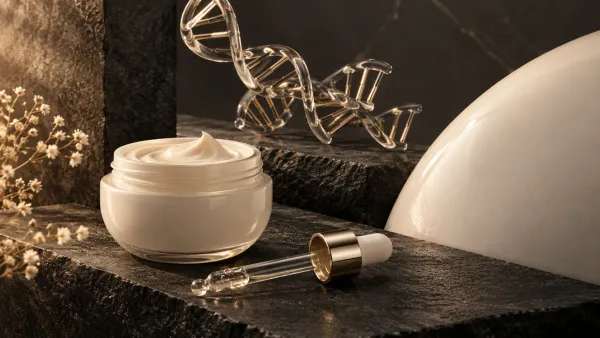 Unbranded cosmetic cream beside abstract transparent DNA fragments and an intact ceramic surface.