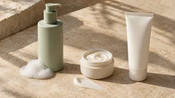 Unbranded cleanser, cream and sunscreen representing three routine roles on a warm stone surface.