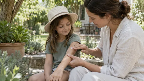 AI-generated editorial image of a parent applying sunscreen to a child's exposed forearm in shade