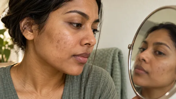 AI-generated editorial image of a woman checking flat brown facial pigmentation in a mirror