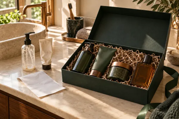 An open fictional skincare gift box beside nearly empty routine products and a blank receipt.