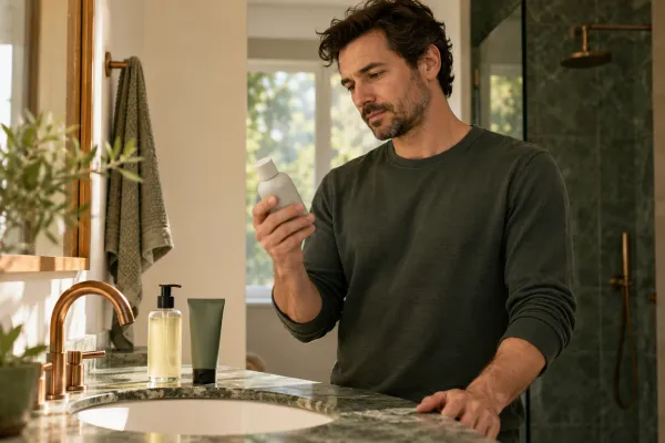 Man inspecting an unbranded skincare bottle beside his existing cleanser and moisturizer.